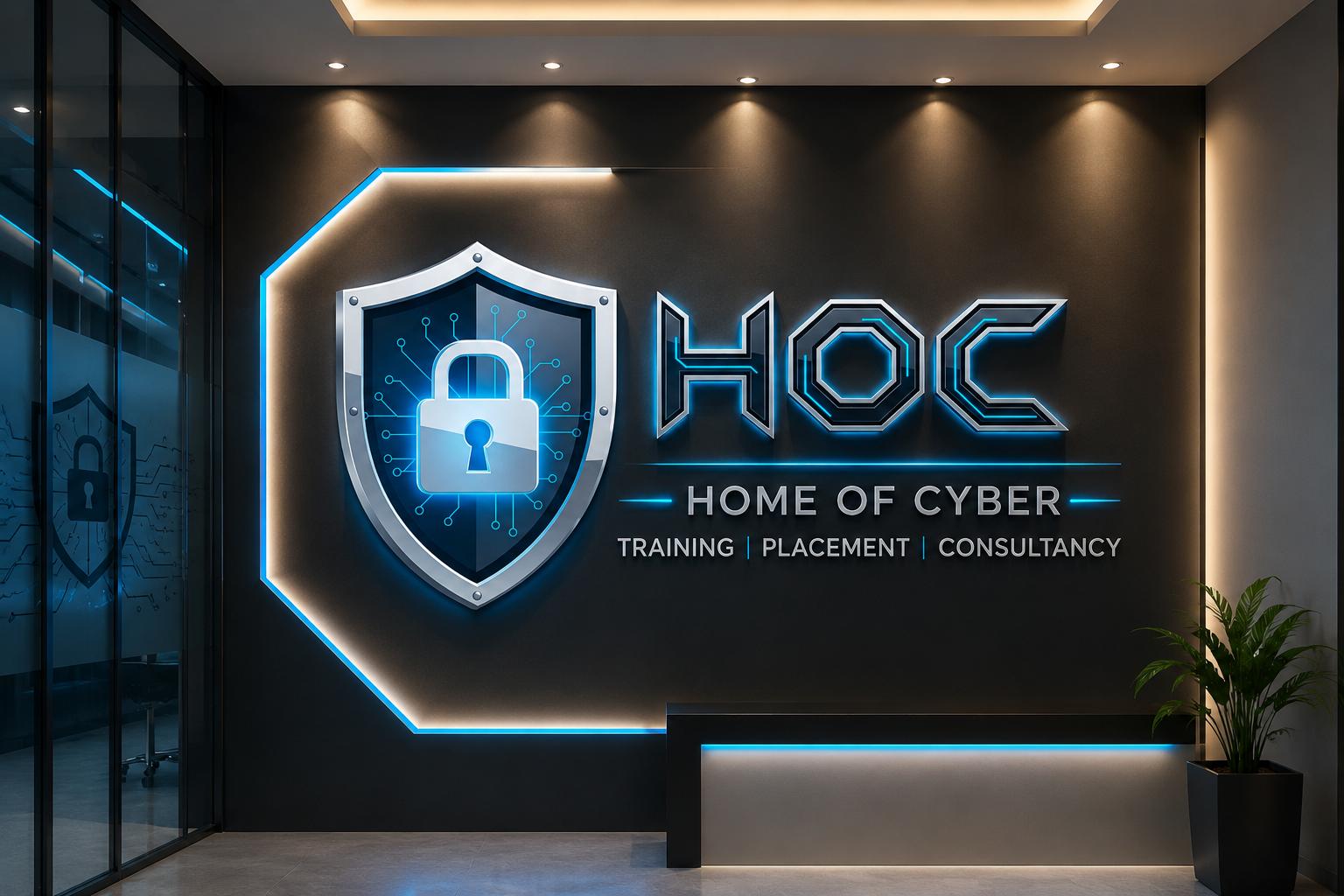 Home of Cyber reception wall with the HOC shield logo and the tagline Training, Placement, Consultancy